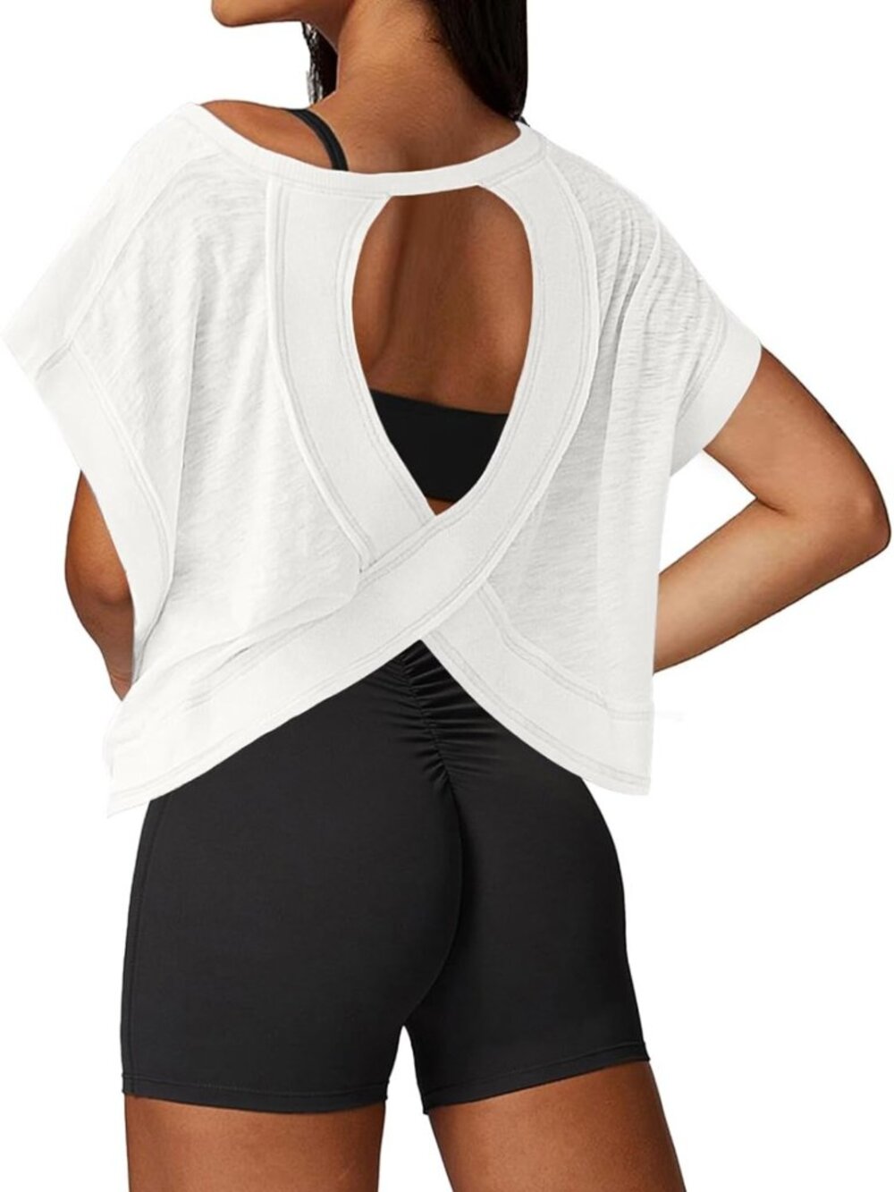 Open Back Athletic Crop Top for Women - Loose Fit Short Sleeve Gym & Yoga Shirt